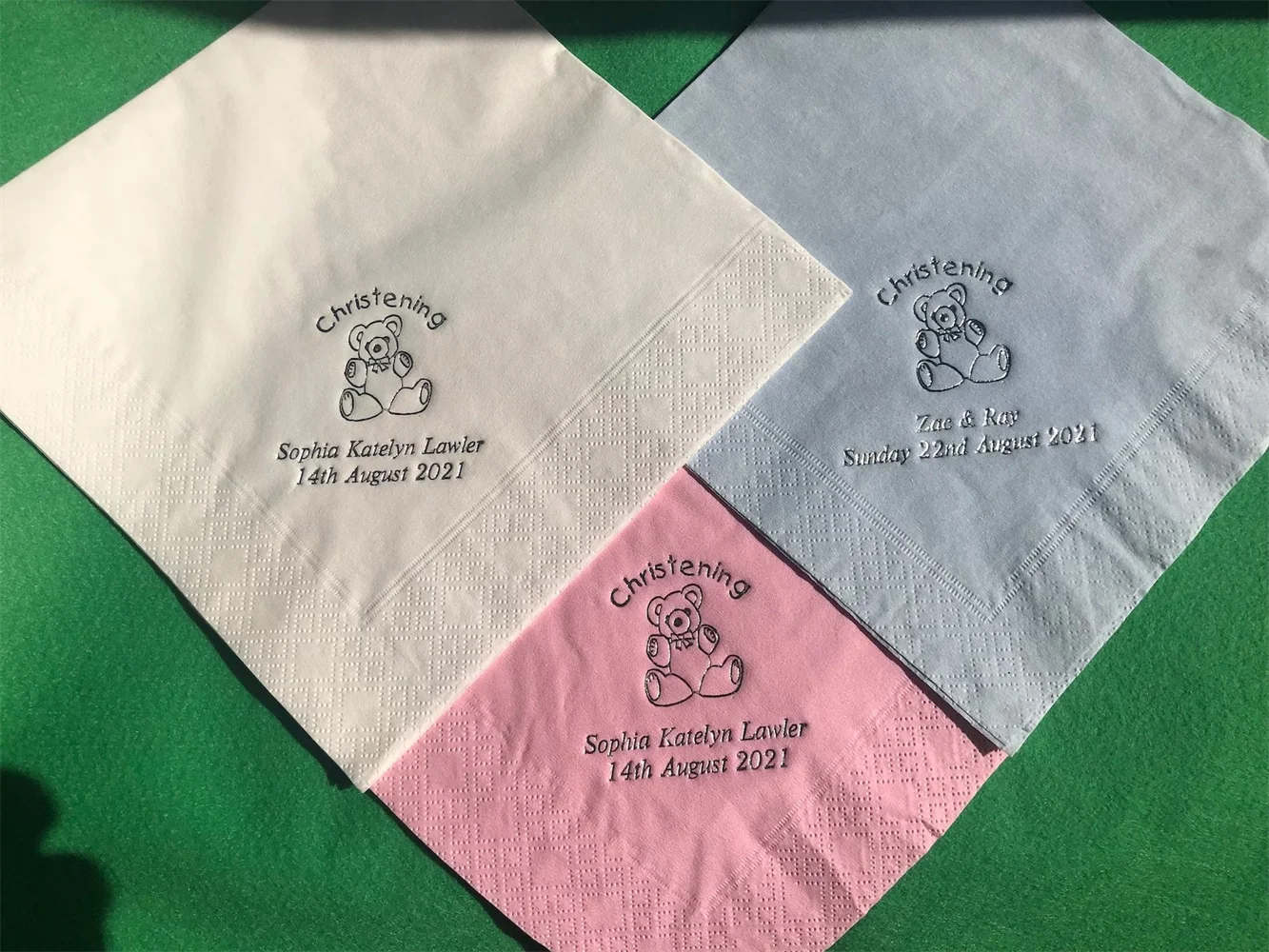 

50 Personalised Christening Napkins / Serviettes with Silver Foiled Teddy Bear Design Quality 3Ply