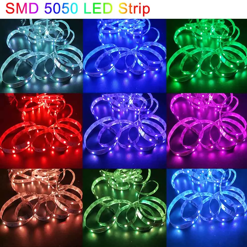 LED 스트립 라이트, RGB 5050 음악 동기화 색상 변경, 민감한 내장 마이크 앱, 유연한 LED 조명, DC12V, EU 플러그
