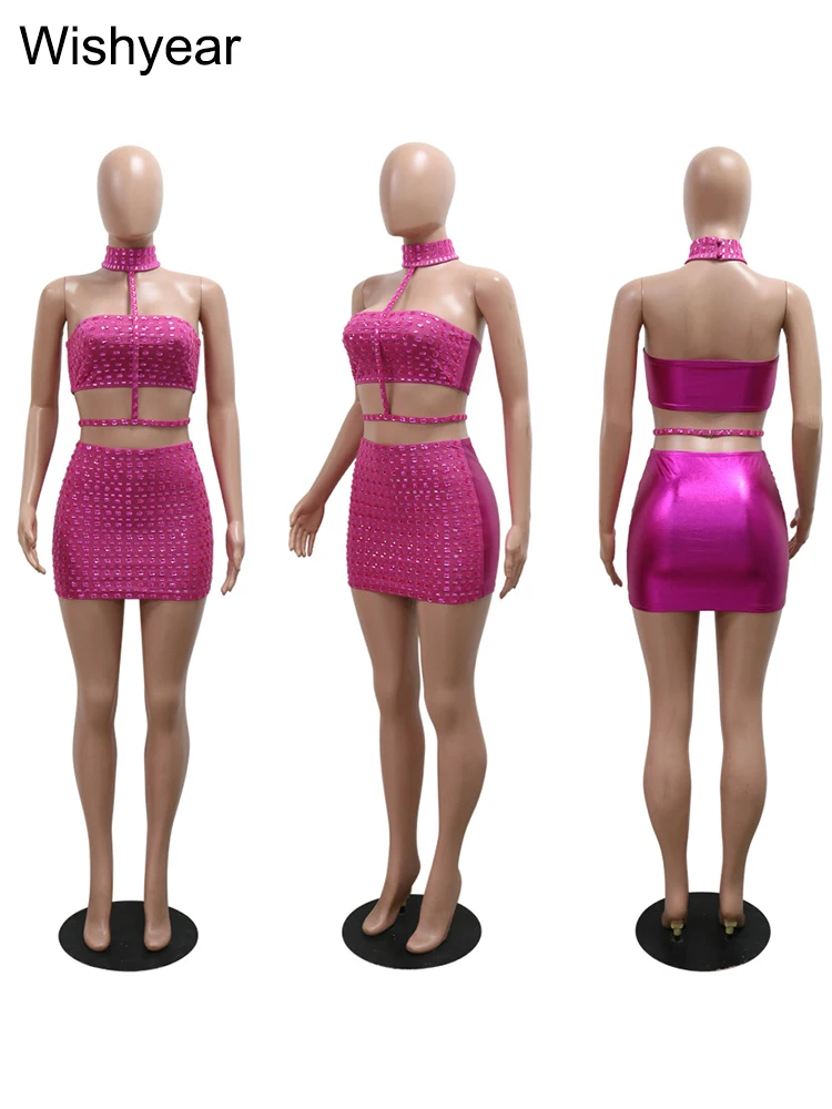 New Silvery Sexy Mini Skirt and Choker Crop Top Strapless Halter Two 2 Piece Set Women Rhinestones Night Club Birthday Outfits 6