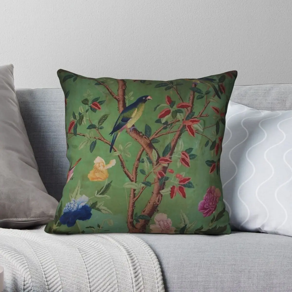 

Green Dream Chinoiserie Birds Square Pillowcase Polyester Linen Velvet Printed Decorative Throw Pillow Case Room Cushion Cover