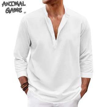 Animal Game Mens Cotton Henley Shirts Long Sleeve Hippie Hawaiian Casual T-Shirt Luxury Mens TShirts Breathable Hiking Outerwear