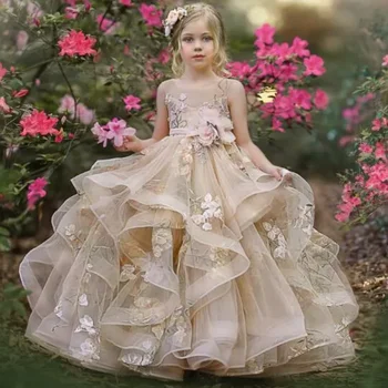 Customized Flower Girl Dress Champagne Sleeveless Tiered Tulle Applique Fit Wedding Princess Dress Holy Communion Birthday Gowns 1