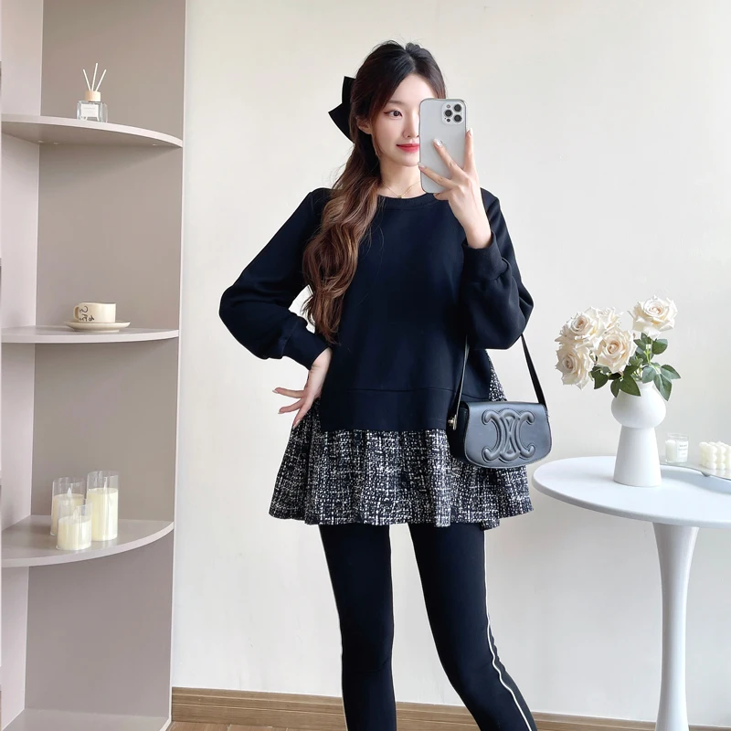 Plus Size Women's Hoodie for Spring Autumn Long Sleeve O-neck Plaid Ruffles Hem Patchwork Maternity A-line Sweatshirts Loose Top 2