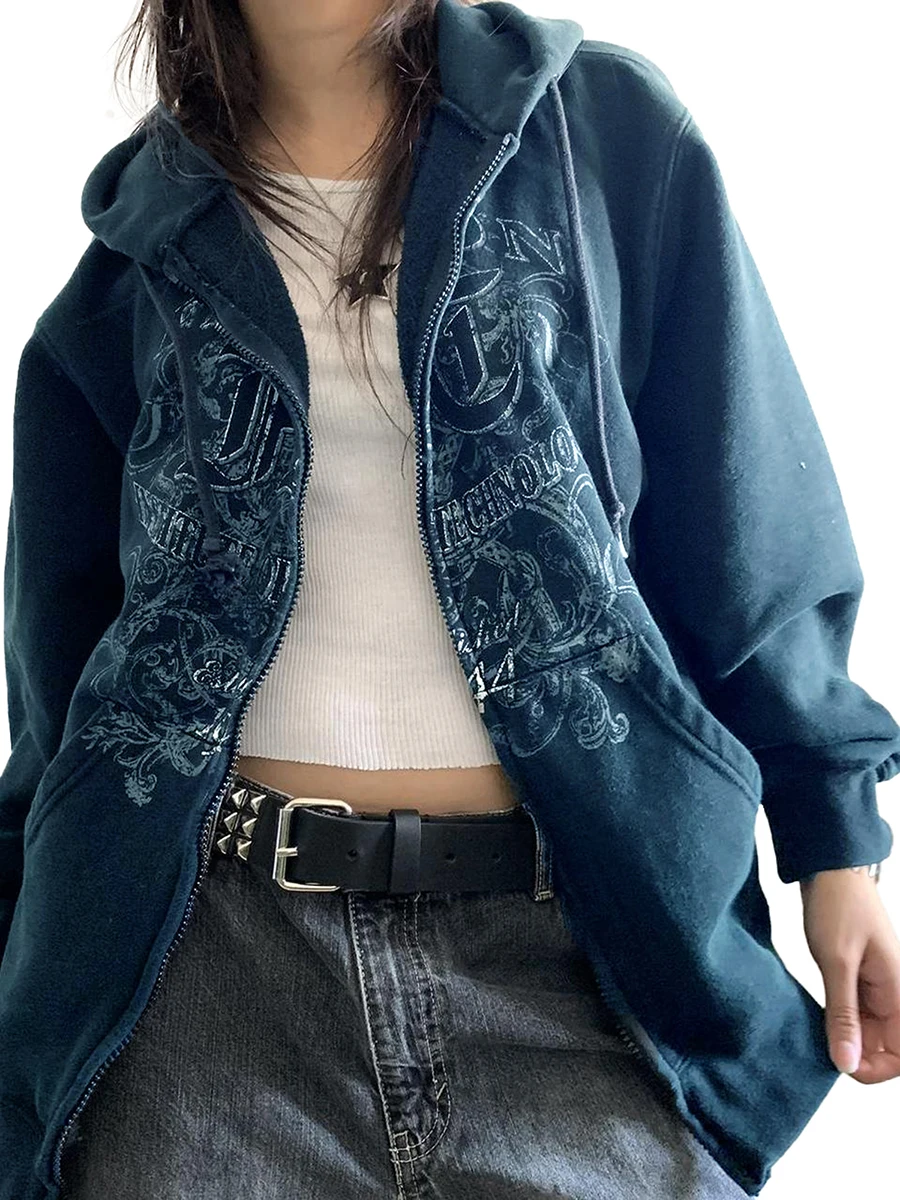 

Women s Y2K Zip Up Hoodie Graphic Rhinestone Oversized Hoodie Sweatshirt Vintage Grunge Aesthetic Jacket Streetwear