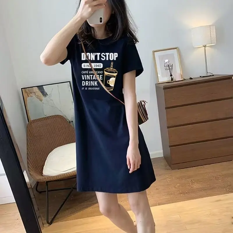 

2023 New Summer Minimalist Round Neck Printed Korean Version Loose Casual Belly Covering Versatile Mid Length T-shirt Skirt