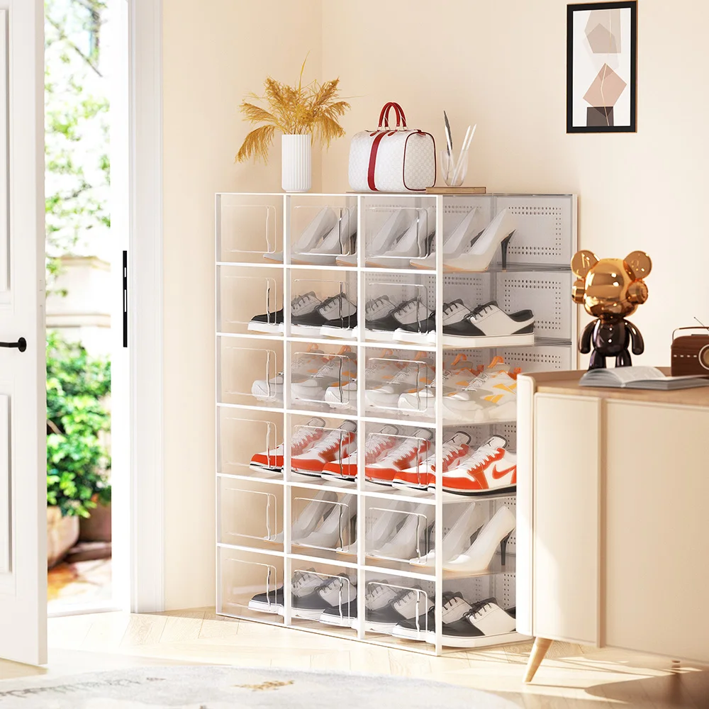

6pcs/Set Fold double door frame Plastic Shoes Case Transparent Drawer Case Plastic Shoe Boxes Stackable Box Shoe Organizer