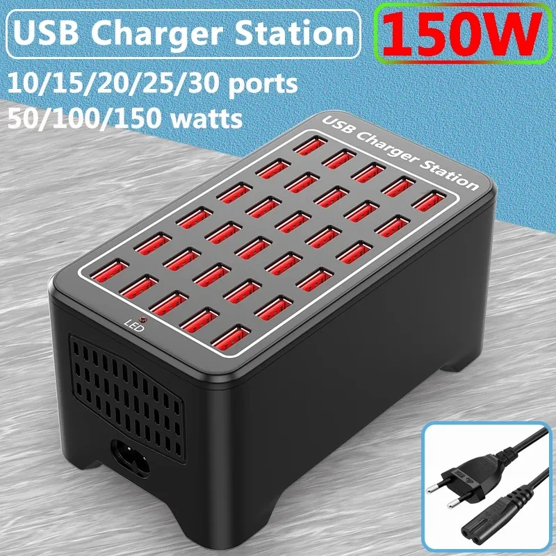 

150W USB Charger 10 15 20 25 30 Ports HUB Universal Wall Desktop Fast Charging Station Dock for Mobile Phone Power Adapter