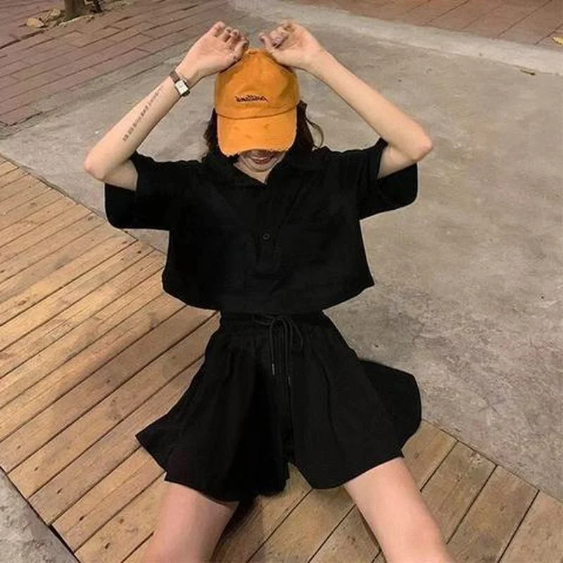 Casual Sports Short-sleeved Suit Women's Summer Tshirts New Loose Polo Shirt Wide-leg Shorts Two-piece Set Korean Sports Hakama