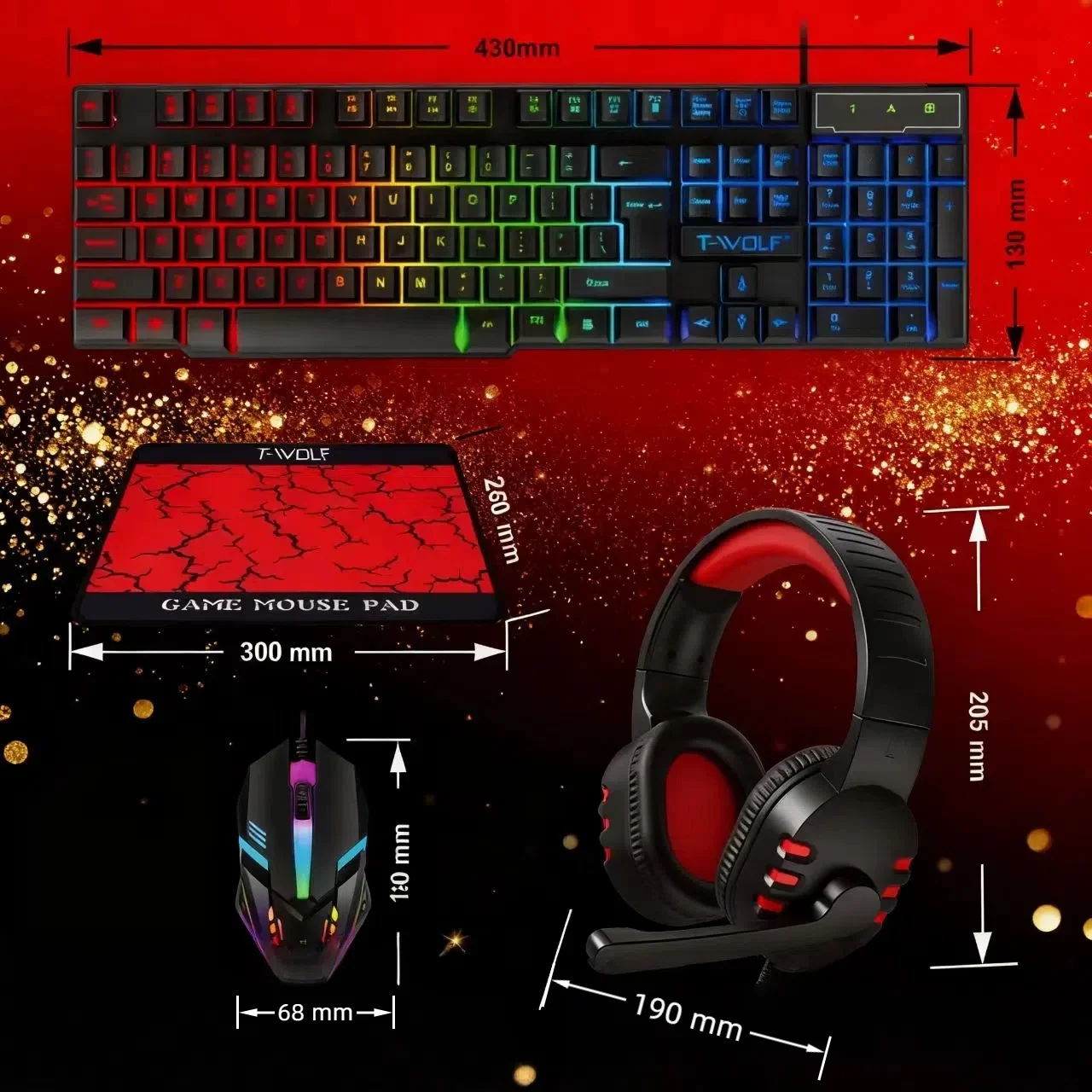 T-WOLF 썬더울프 TF880 유선 키보드, 마우스, 헤드폰 및 오디오 5종 e스포츠 게임용 세트, 초고속 이동 속도를 즐기세요.