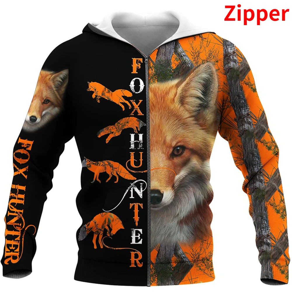 Men Hoodie Animal Fox Hunting 3D Graphics Design Printed Pullover Unisex Fashion Zipper Hooded Coat Sudadera Hombre