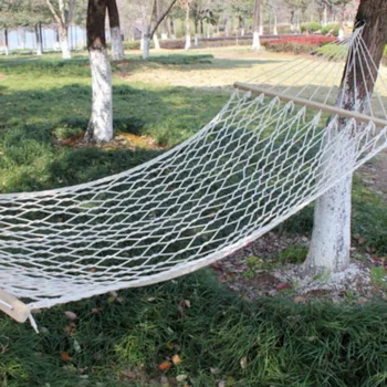 Amaca a rete singola da esterno in corda di cotone con barra in legno massello, altalena per aria aperta, letto sospeso rilassante per spiaggia e mare