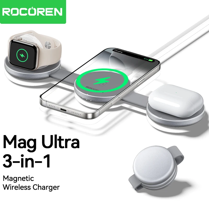 Rocoren Foldable 3 in 1 Magnetic Wireless Charger Portable Fast Charging Dock Station For iPhone 16 15 14 Pro Max iWatch AirPods Best Sellers In Phones Accessories