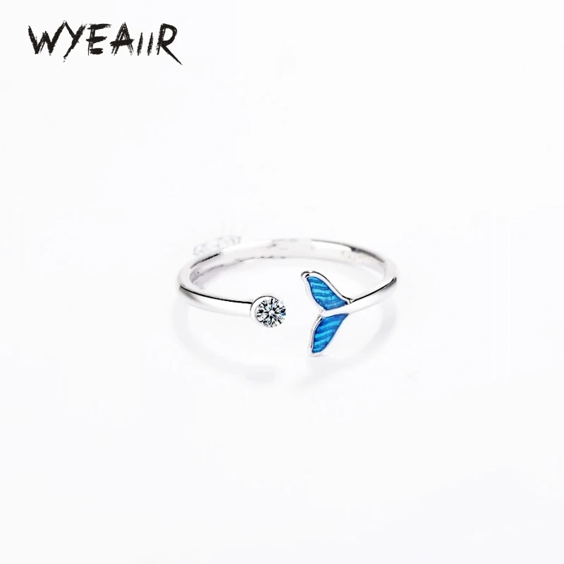 

WYEAIIR 925 Sterling Silver Sweet Blue Fishtail Zircon Cute Resizable Opening Ring For Women Luxury Jewelry