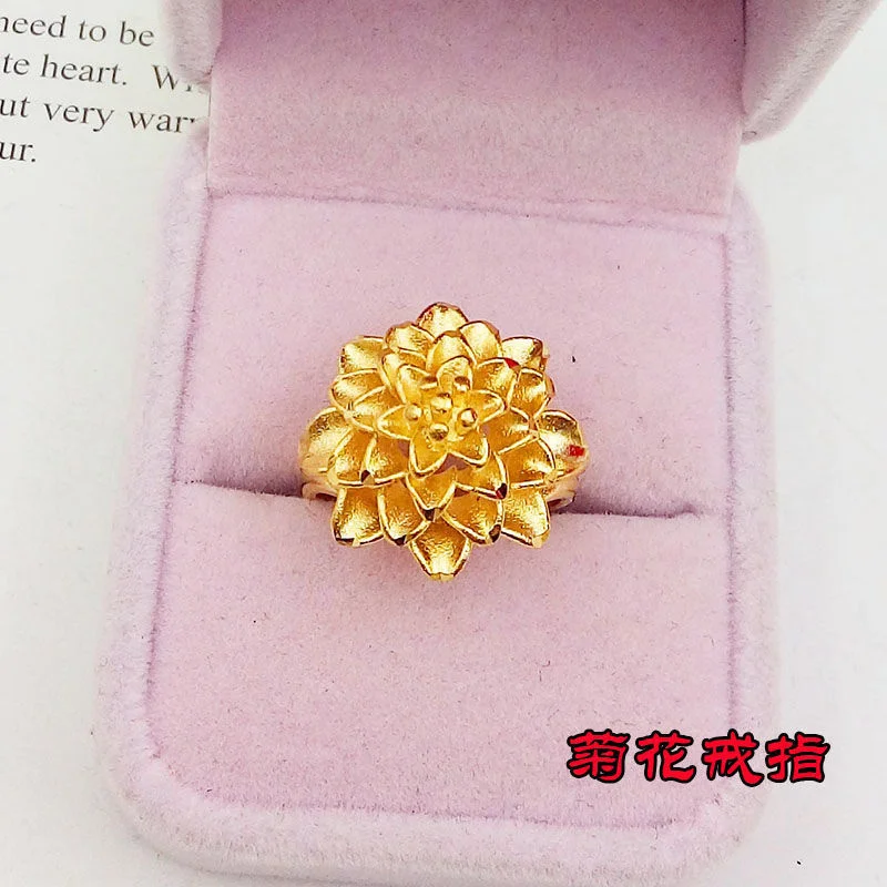 

Women's Adjustable Opening Imitation Pure Copy Real 18k Yellow Gold 999 24k Peony Flower Index Finger Ring Never Fade Jewelry