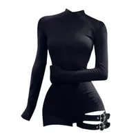 Women Summer Playsuits with Buckle Black High Neck Zipper Long Sleeve Bodysuit Coquette 2000s Y2k Cyber Punk Tight Jumpsuits