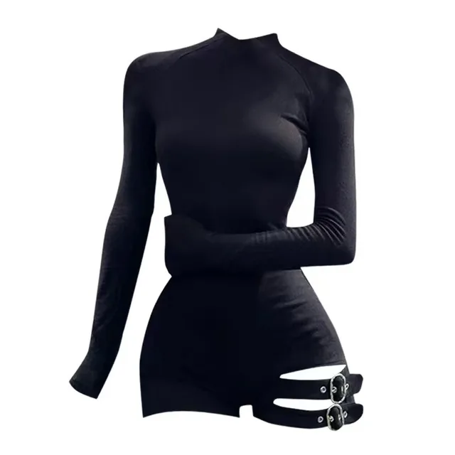 Women Summer Playsuits with Buckle Black High Neck Zipper Long Sleeve Bodysuit Coquette 2000s Y2k Cyber Punk Tight Jumpsuits
