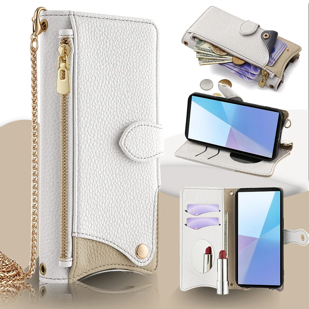 Leather Magnetic Flip Wallet Case with Long Lanyard - Elegant Design Phone Cover