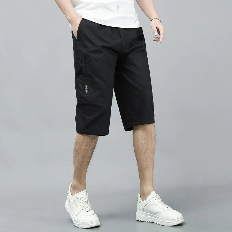 2023 Summer New Men's Clothing Crop Jeans Pure Solid Color Cotton Pockets Casual Trend Loose Casual Shorts Straight Mid Pants