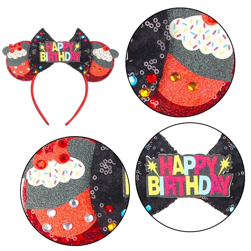 Newest Birthday Mickey Mouse Ears Headband Cartoon Sequins 5"Bow Headwear Girls Children Festival Party DIY Hair Accessories 4