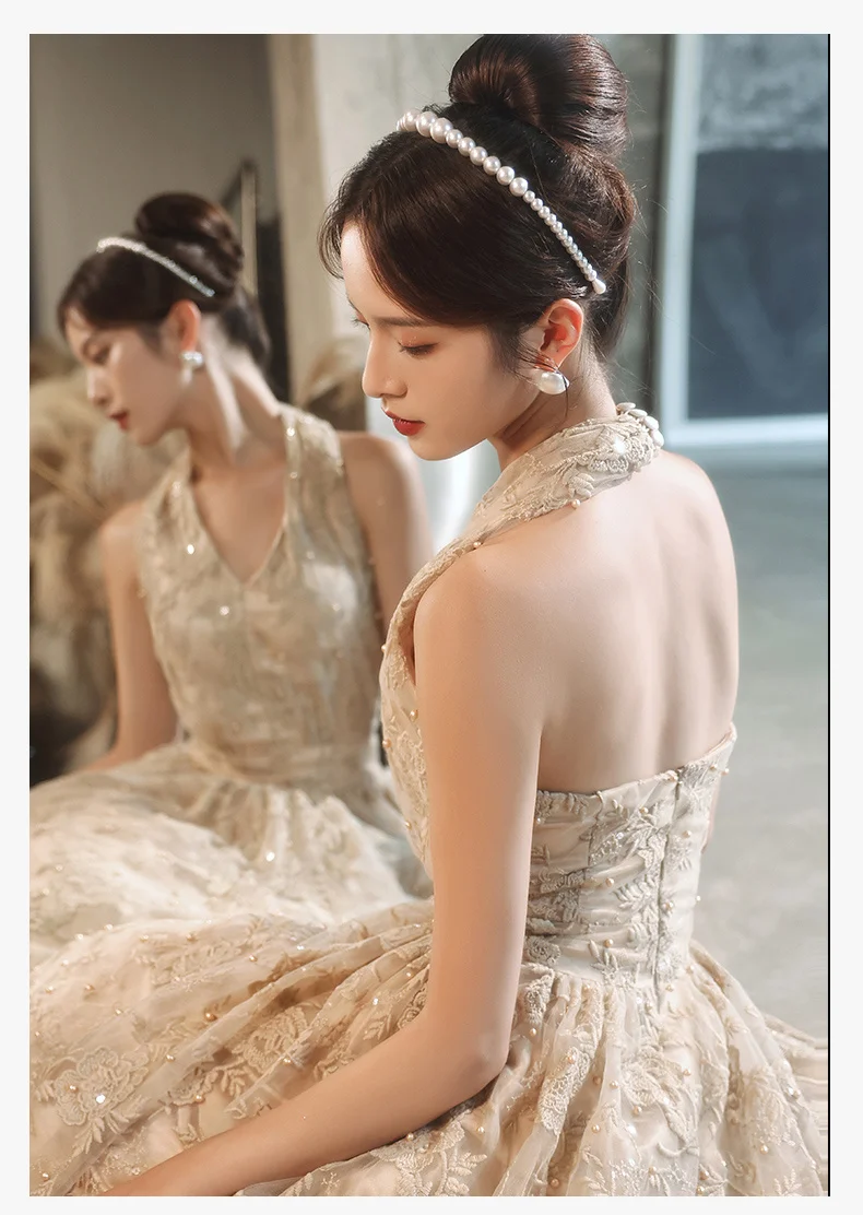 vintage prom dresses Sexy Halter Backless Prom Gowns 2021 V-Neck Sleeveless A-Line Floor-Length Beaded Lace Long Women Elegant Dresses For Gala satin prom dress
