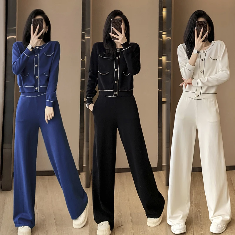 

Elegant Knit Pant Sets 2023 Autumn Winter Women's 2-piece Set Contrast Striped Short Cardigan Top + Wide Leg Pants Two Piece Set