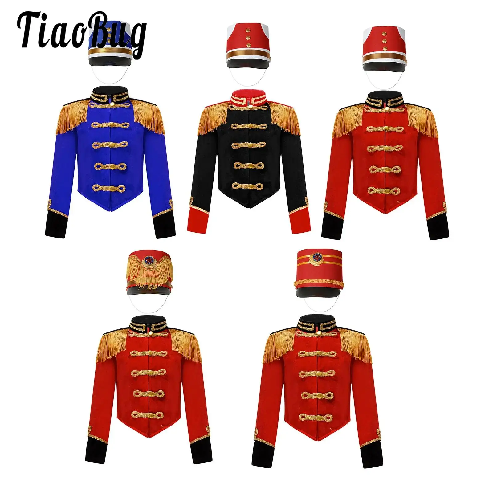 

Kids Girls Drummer Conductor Performance Costumes Marching Band Outfit Long Sleeve Stand Collar Tassel Shoulder Jacket with Hat