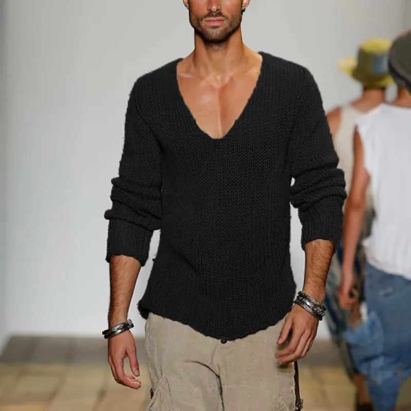 Spring Autumn Sweater Men  New Arrival Casual Pullover Men Long Sleeve Deep V Neck Solid Knitted Men Sweaters Streetwear