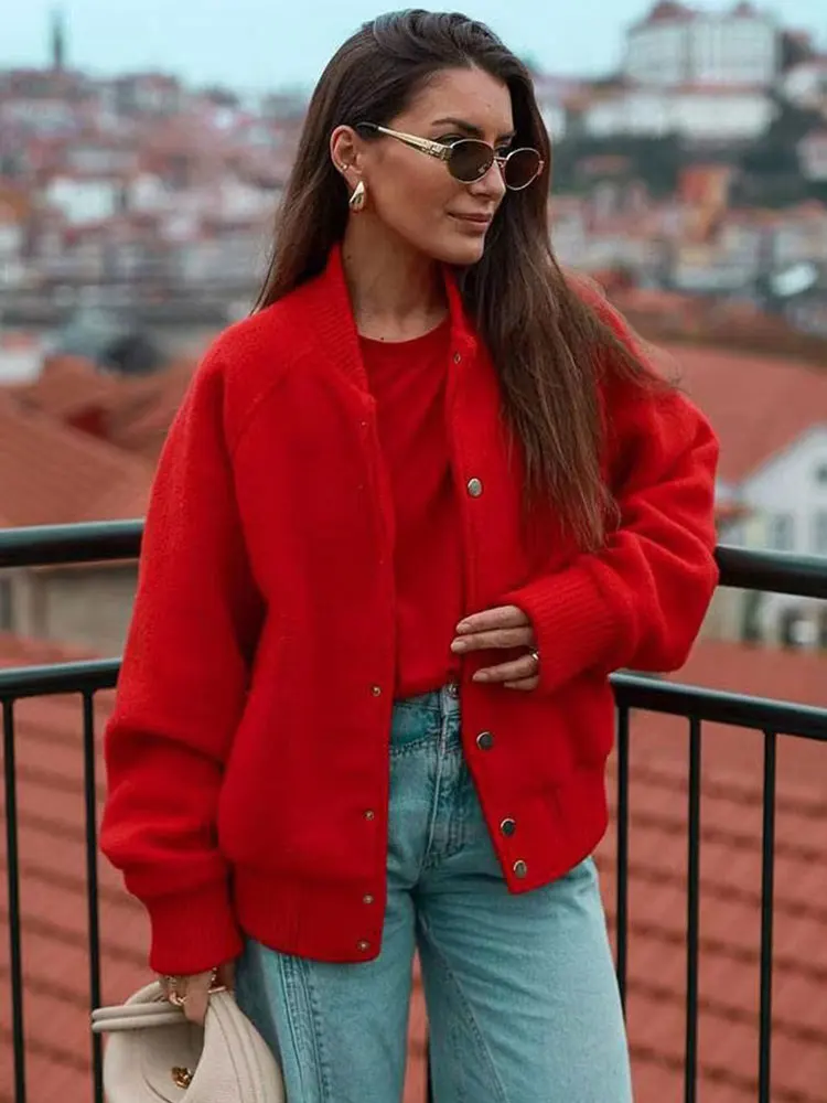 HH Women Red Coat Casual Single Breasted Long Sleeve Female Coats 2025 Fashion Loose O-Neck Office Lady Outwear