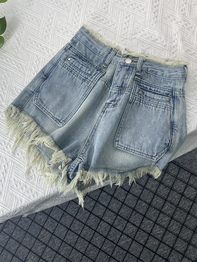 

Women's Baggy Denim Shorts Blue High Waist Wide Shorts Harajuku Korean Y2k Casual Tassel A-line Jeans Short Pants Summer 2023