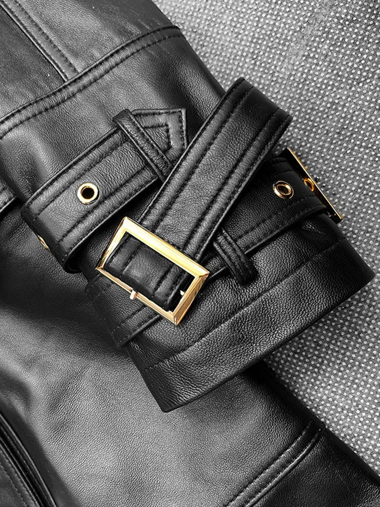 Spring Women Double Breasted Belted Long Sheepskin Trench Coat Fashion Genuine Leather Jacket Military Style Moto Windbreaker
