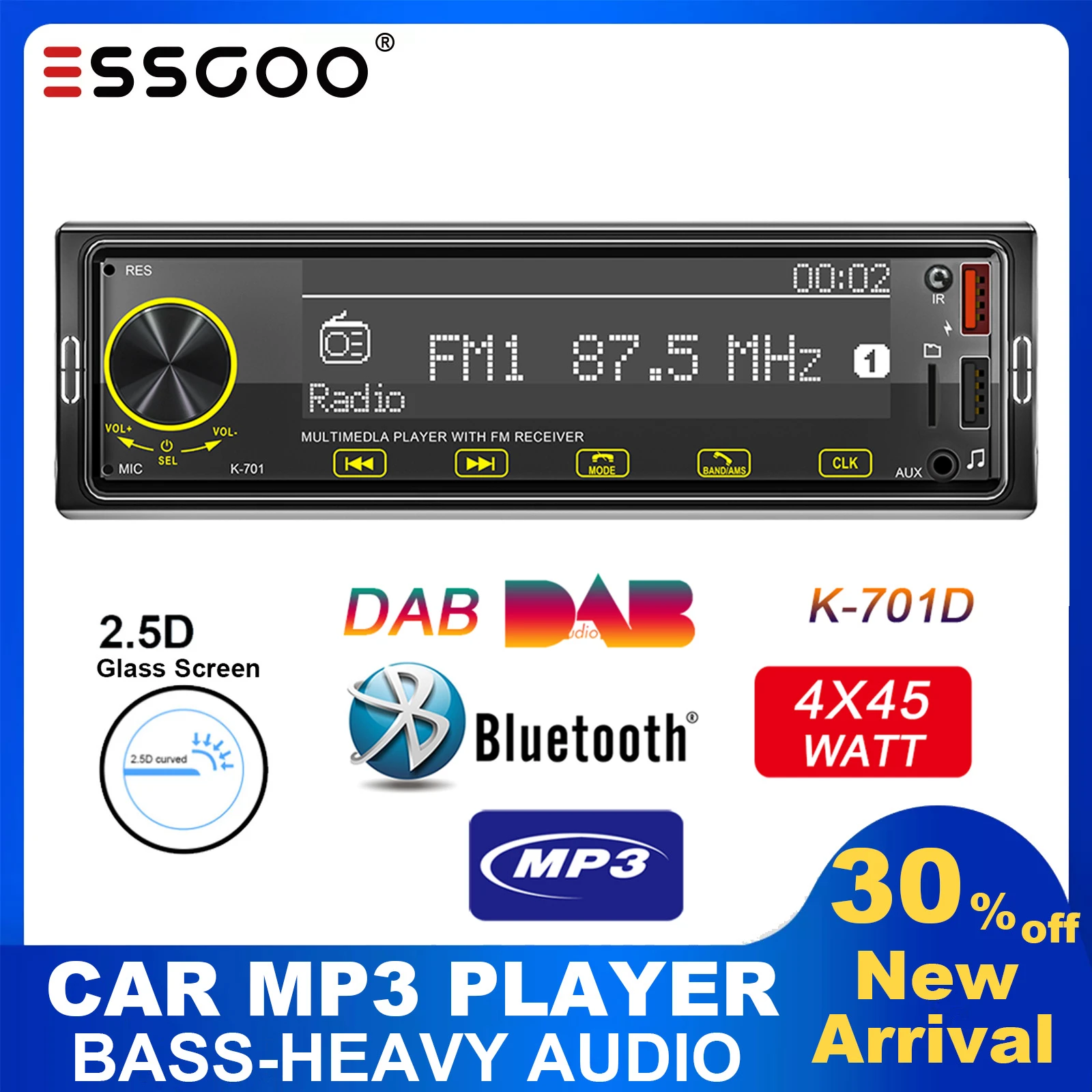 ESSGOO Universal 1 Din Car Stereo MP3 Player 2.5D Full Touch Button DAB