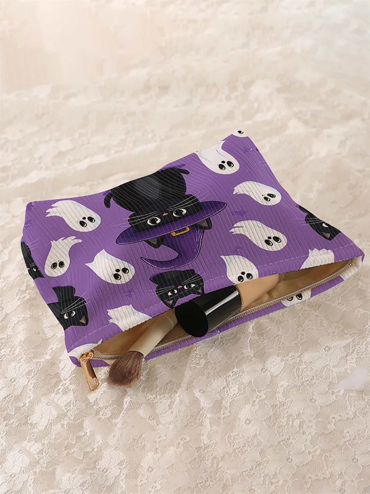 Halloween printed corduroy zipper makeup bag, lightweight and multifunctional makeup storage bag