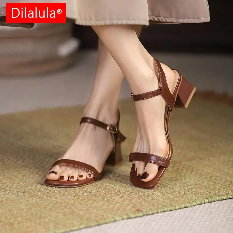 

Summer Basic Women Sandals Vintage Concise Chunk High Heels Party Office Ladies Casual Shoes Woman Genuine Leather Pumps