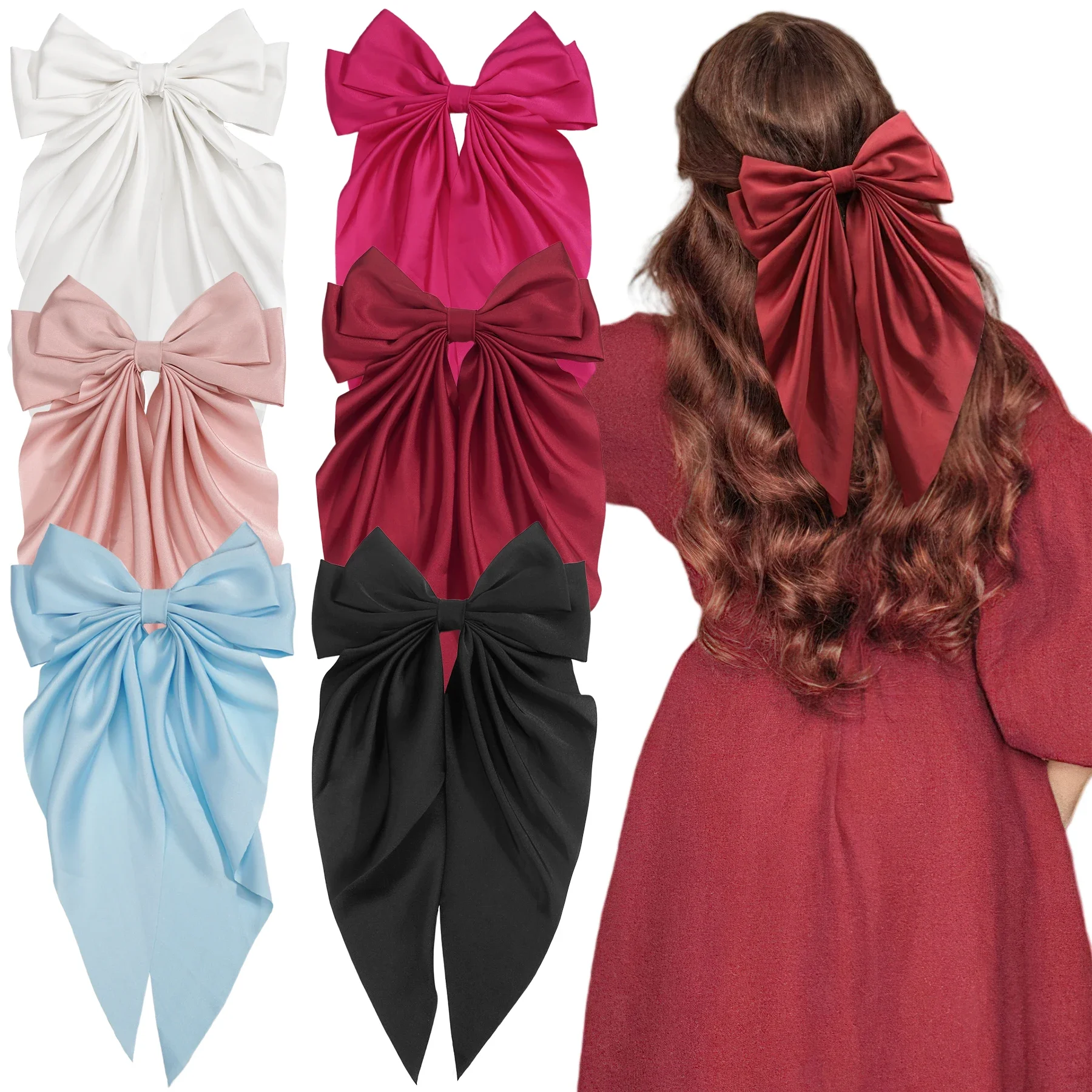 SALOCY Haarschleifen Mit Langem Schwanz – Große Satin-Haarspangen Für Damen & Mädchen, Rosa/Beige