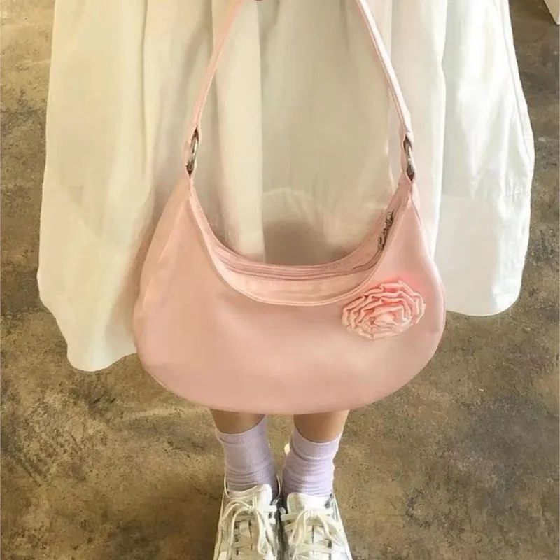 JIAERDI Fairy Core Y2k Bag Women Hot Girls Silk Rose Blossoms Half Moon Shoulder Bags Handbag Female Blue Underarm Bag Purse