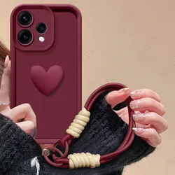 Shockproof Silicone Phone Case with Hand Strap & Love Heart Design for OPPO Reno13 F 4G (Wine)