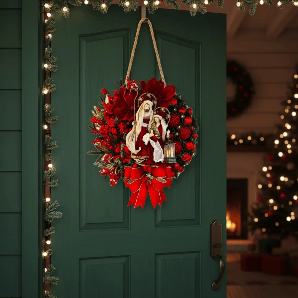Red Christmas Wreath 2D Oil Lamp Door Hanging Artificial Garland Wooden Reusable Christmas Ornaments Staircase Balcony
