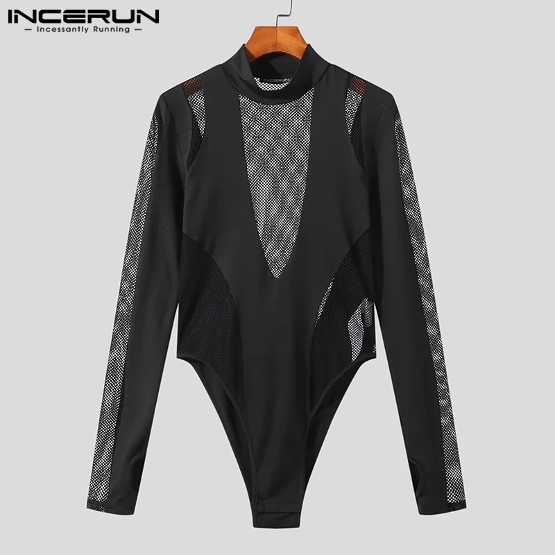 Men Bodysuits Mesh Patchwork Transparent Turtleneck