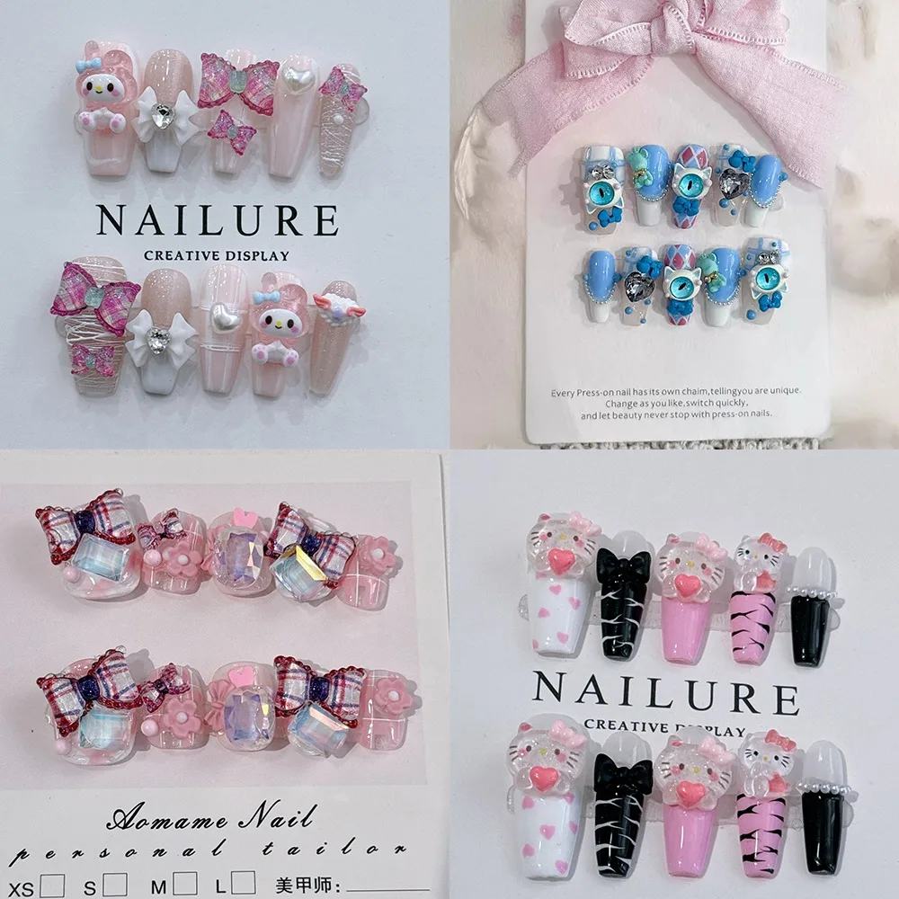 

Sanrio Kawaii Cute Handwork Hello Kitty Press-on Nails Sweet Love Bow Fake Nails Schoolgirl Accessory Couple Festivals Gift