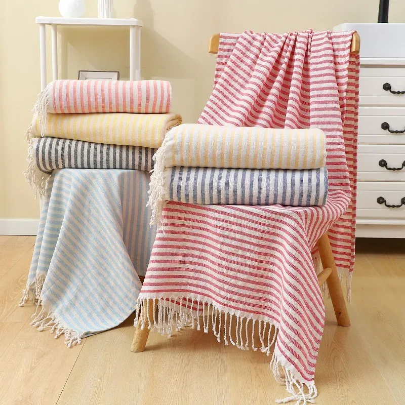 Solid Color Thin Stripes Tassel Turkish Beach Towel Extra Large Thickened Absorbent Bath Towel for Outdoor Use