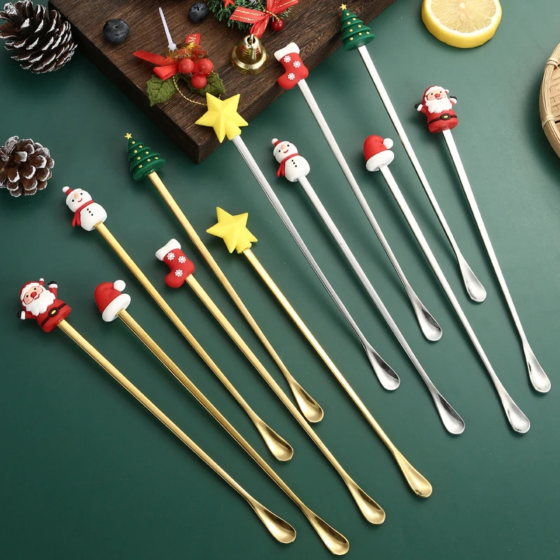 Christmas Series Long Handle Mixing Spoon Stainless Steel Coffee Honey Stirring Spoons Bar Whisky Stir Rod Bartender Accessories
