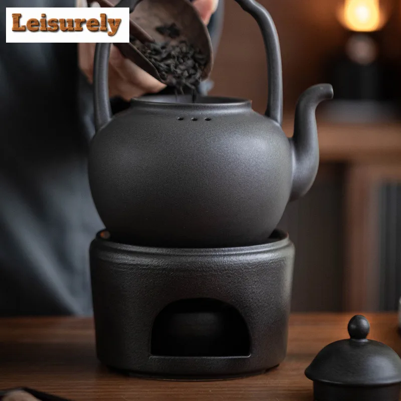 1000ML Zen Black Pottery Ceramic Teapothandmade Palace Lantern Lifting Handle Pot Boiling Water Kettle For Charcoal Stove Teaset