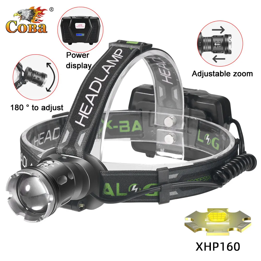 Coba Powerful LED Headlamp USB Rechargeable Zoom XHP160 Super Bright Outdoor Headlight Fishing Camping Flashlight
