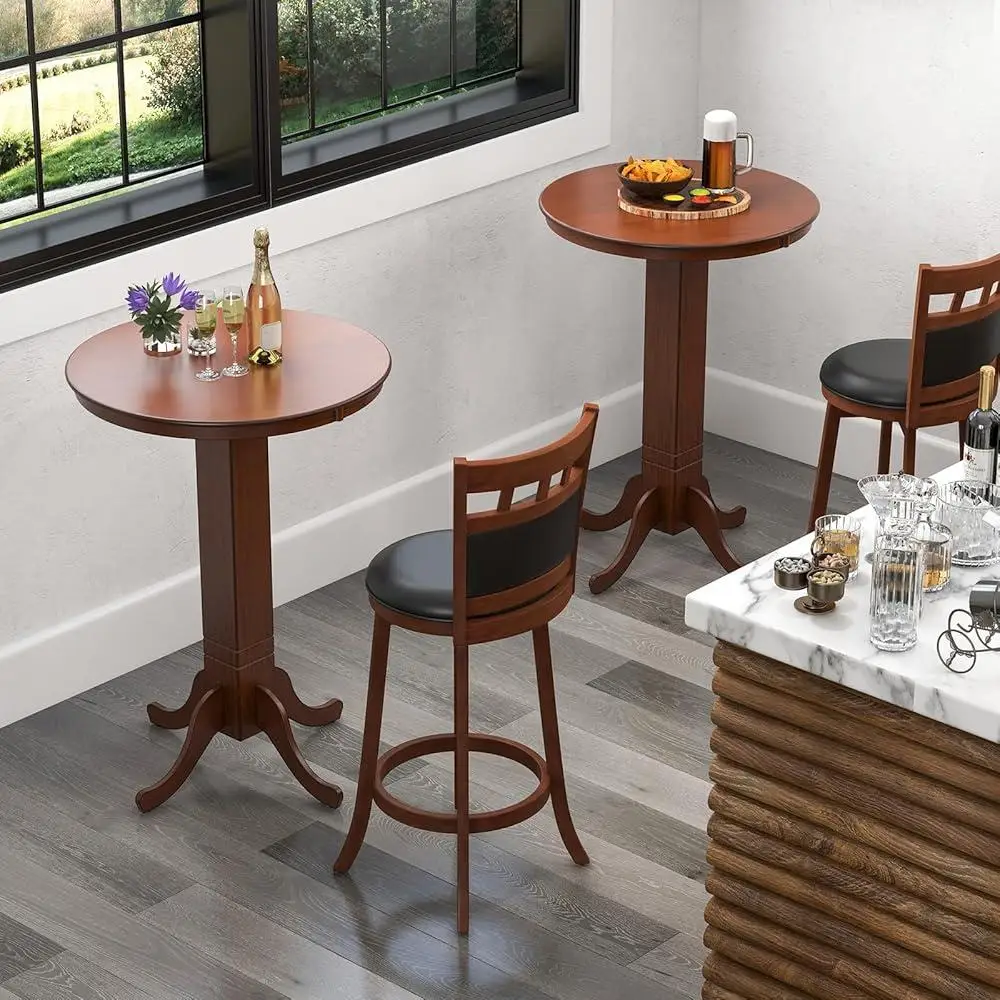 3 Piece Round Bar Table Set with 2 Upholstered Swivel Stools Rubber Wood Frame Kitchen Dining Home Decor 3