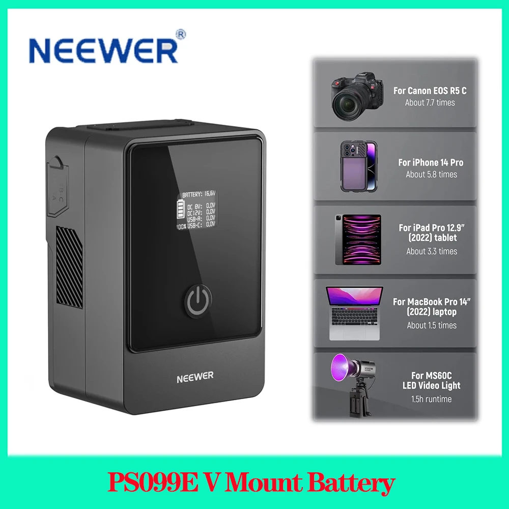 

Neewer PS099E V Mount Battery 6800mAh 99Wh 14.5V With 65W PD Type C/D Tap/BP/USB A/Dual DC Port/OLED Display Battery Support