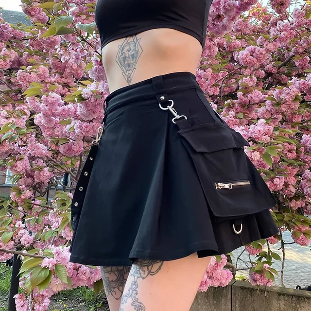 Harajuku punk gothic black high waist black skirts women sexy patchwork bandage mini female streetwear black
