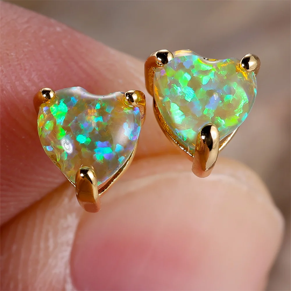Charm Heart Stone Blue White Green Fire Opal Stud Earrings For Women Trendy Silver Color Birthstone Wedding Jewelry Bridal Gifts