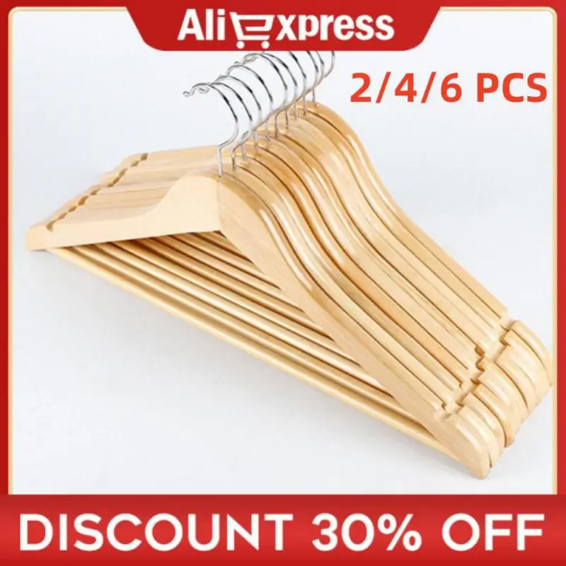 

2/4/6 PCS Solid Wood Clothes Hanger Anti-skid U-groove Design Wooden Clothes Support No Deformation Metal Round Hook Home Tools