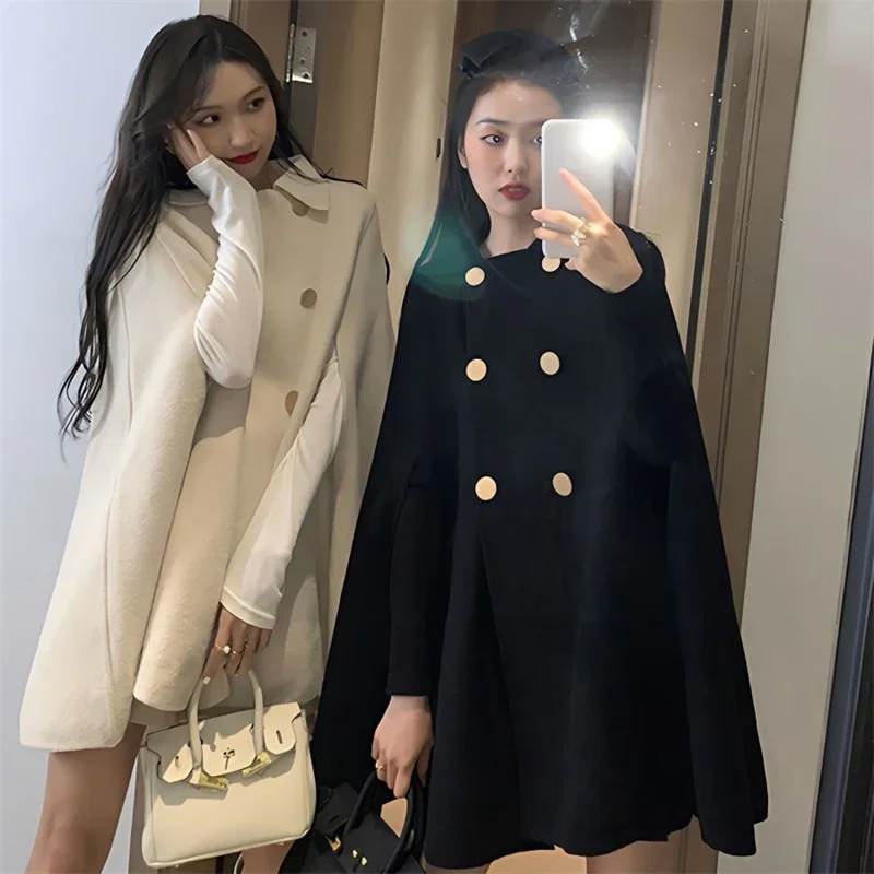 

Fashion Woolen Poncho Coats for Women Autumn Winter Solid Cape Cloak Coat Loose Overcoat Female Double Breasted Lapel Jackets
