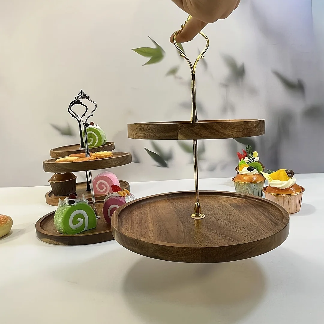 2-Layer Wooden Cupcake Stand Round Tiered Cake Display Stand Birthday Party Dessert Table Fruit Plate Display Tray
